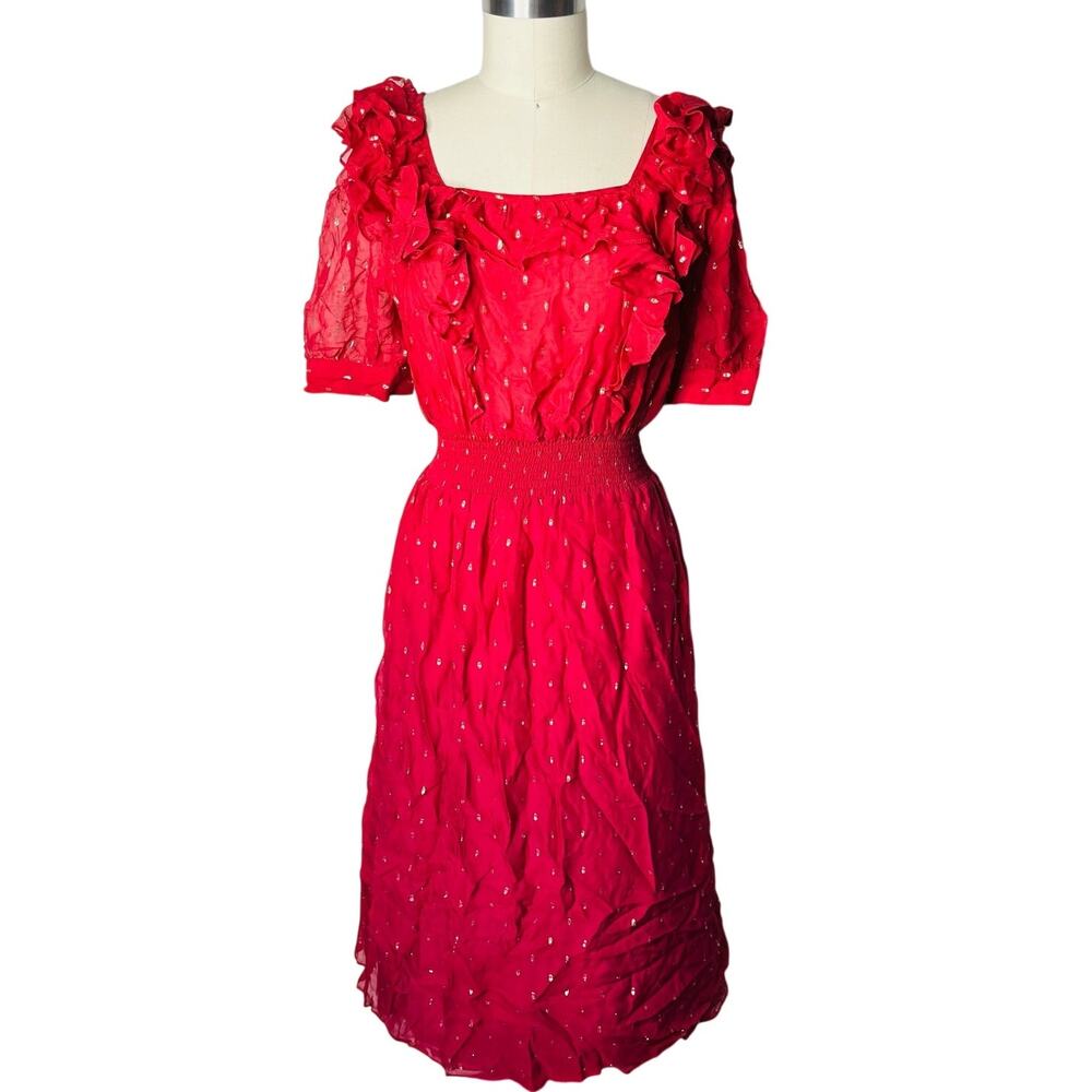 ba&sh Lady Metallic Silk Blend Ruffled Smocked Midi Dress Framboise Berry Size 2